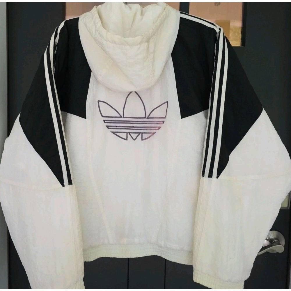 Adidas 80s-90s Hooded Jacket Size Large White + Black‎